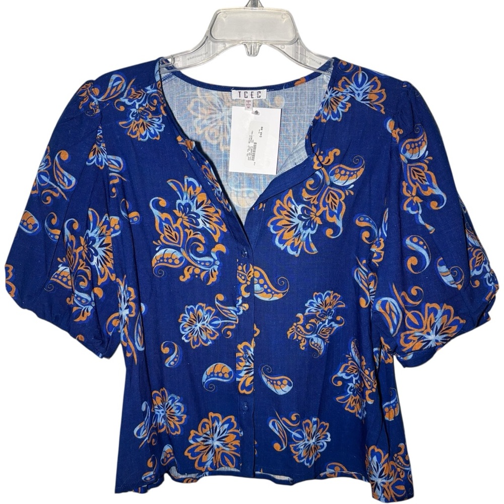 TCEC Blue & Orange Paisley Button-Front Top